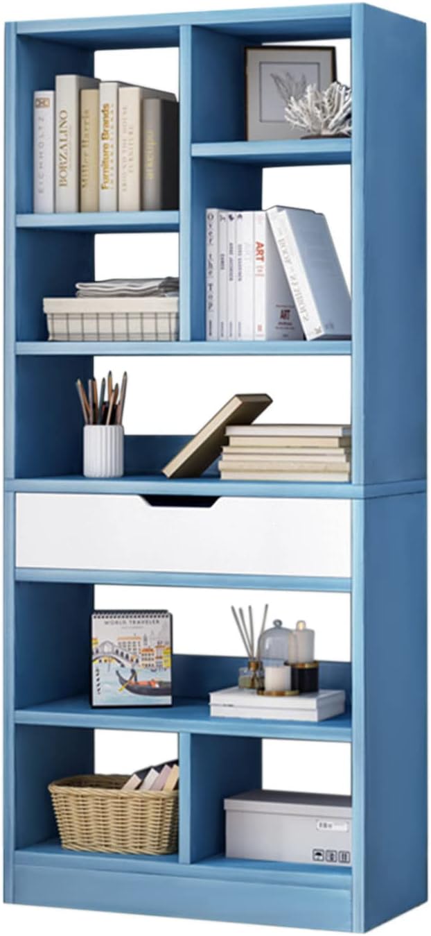 IOTXY Wooden Open Shelf Bookcase - 61' Height Freestanding Display Storage Cabinet Organizer with 8 Cubes and a Drawer, Floor Standing Bookshelf, Blue