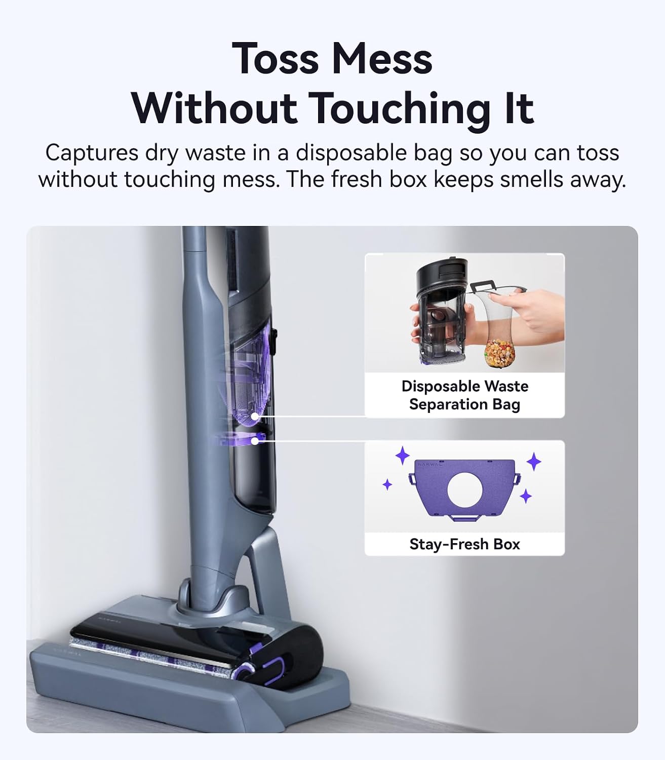 Narwal S30 Pro Wet Dry Vacuum Cleaner with 20000Pa Suction, Cordless Vacuum Mop for Hard Floors, Tangle-Free Hair-Cutting, 180° Lie Flat, 194°F Self-Cleaning, Disposable Waste Bag (Renewed)