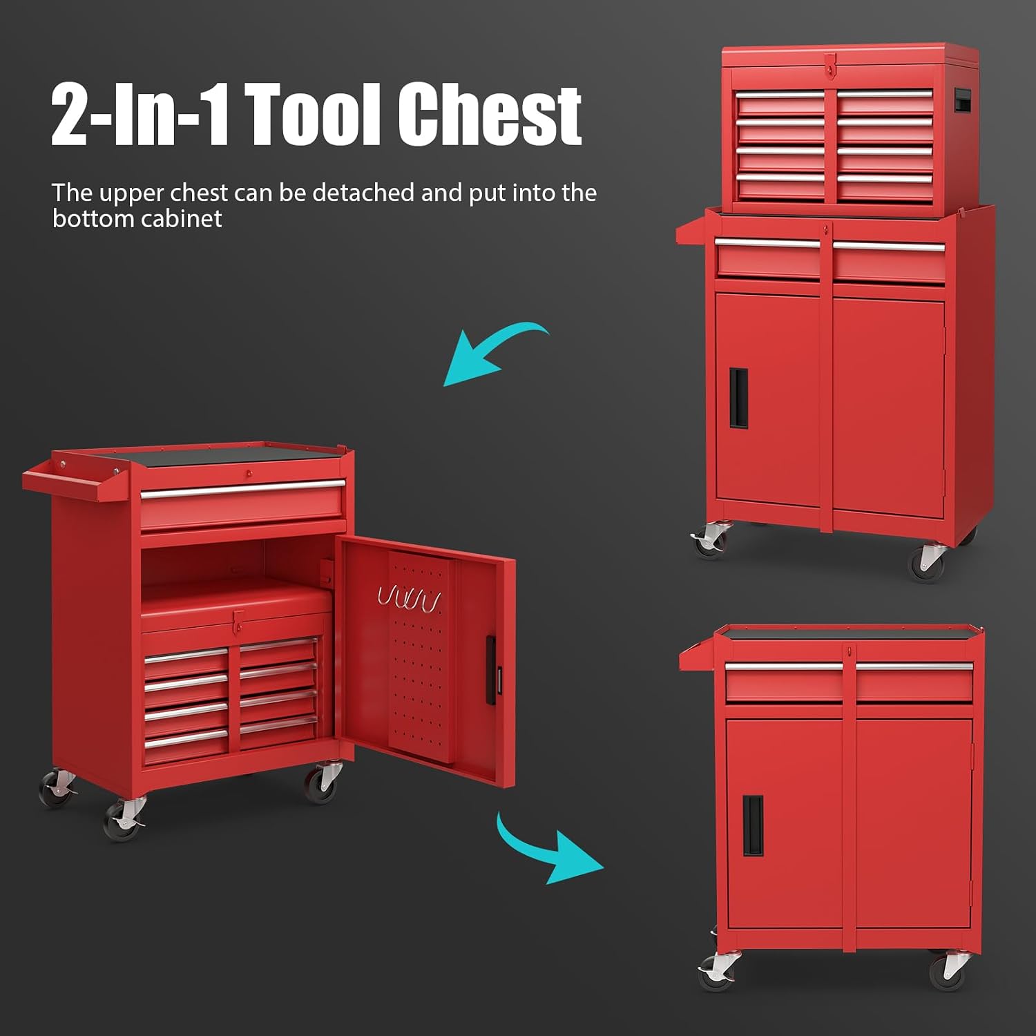 Rolling Tool Chest, 5-Drawer Tool Storage Cabinet with Wheels, Adjustable Shelf & Anti-Slip Liner, Tool Box Organizer for Garage, Warehouse & Workshop (Red)