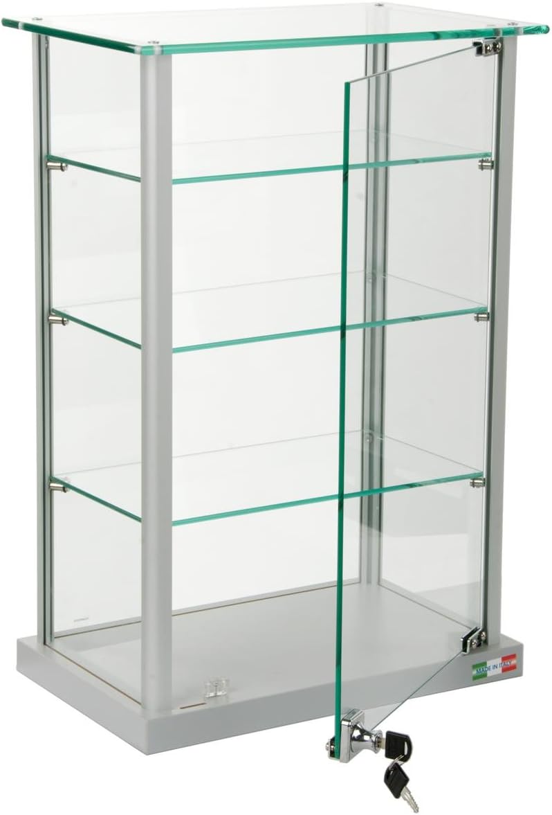 Small Curio Cabinet, Free Standing Glass Display Shelf, Adjustable, Aluminum (Silver Base)