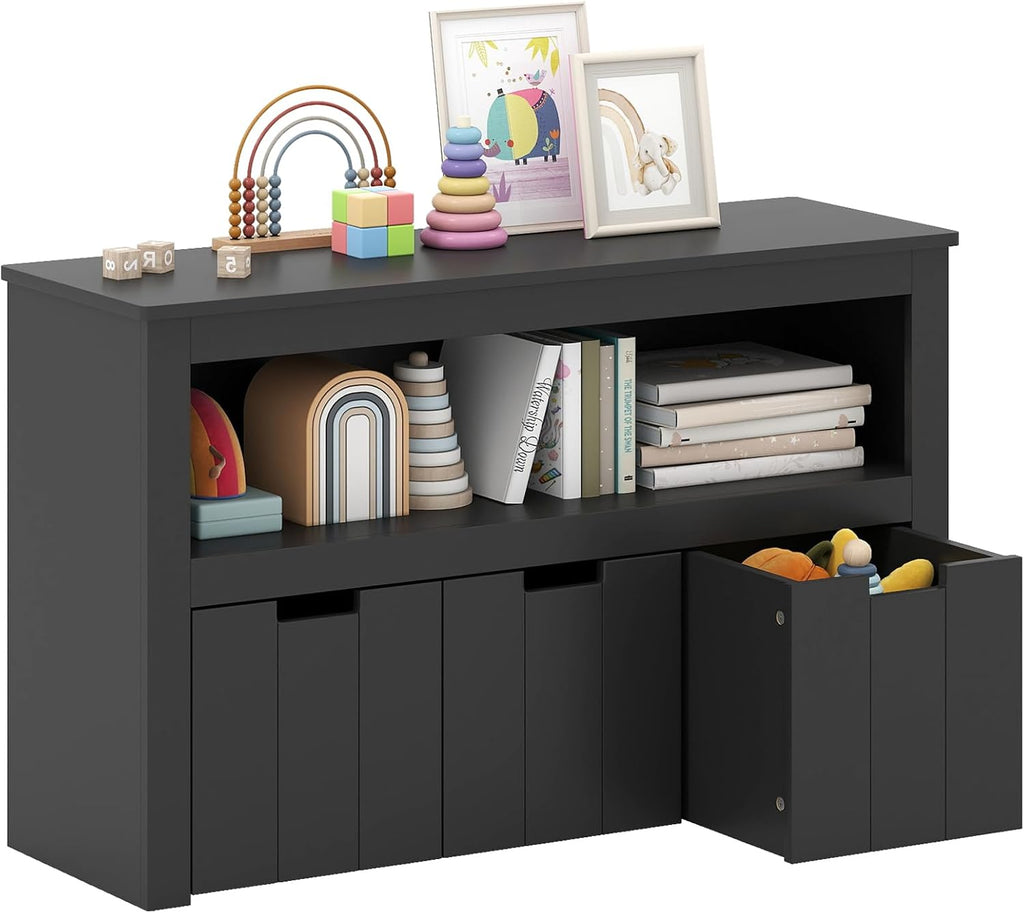 HONEY JOY Kids Toy Storage Organizer, Children Daycare Shelf, 3 Wooden Toy Box w/Wheels, Toddler Classroom Display Cabinet for Playroom, Nursery, Kindergarten (Black)