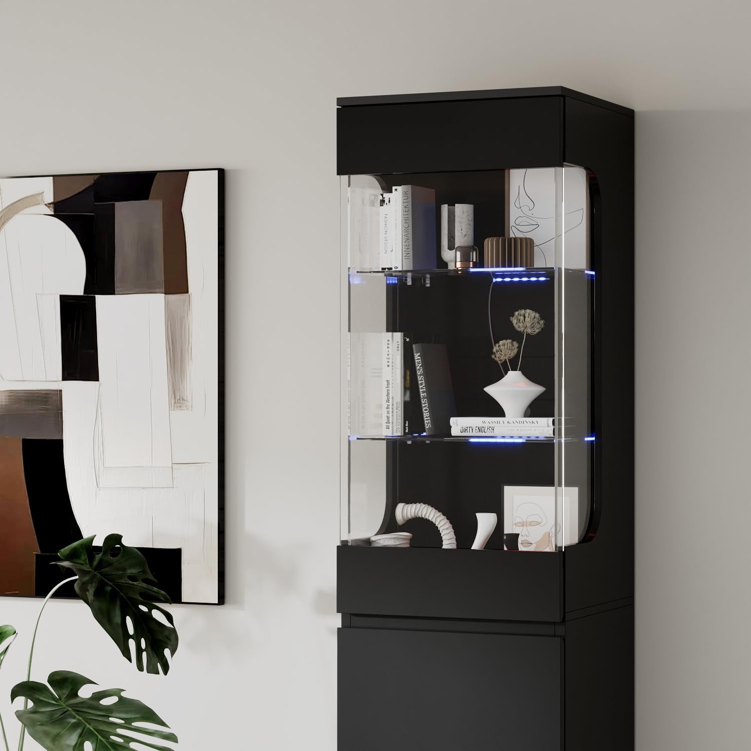 Glass Display Cabinet with 3 Color Lights for Collectibles, High Gloss Curio Cabinets with Glass Door & Adjustable Shelf, 15.7' W Slim Bookcases for Small Spaces, Living Room, Black