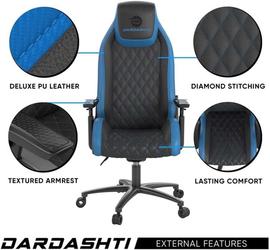 Atlantic Dardashti Gaming/Executive Chair, Molded Cold-Cure Foam, ANSI/BIFMA X5.1 Tested, Class-4 Heavy-Duty Gas Piston, 350 lbs. Weight Load, 8-Way Arm Rests, PN 78050355 – Black & Cobalt Blue