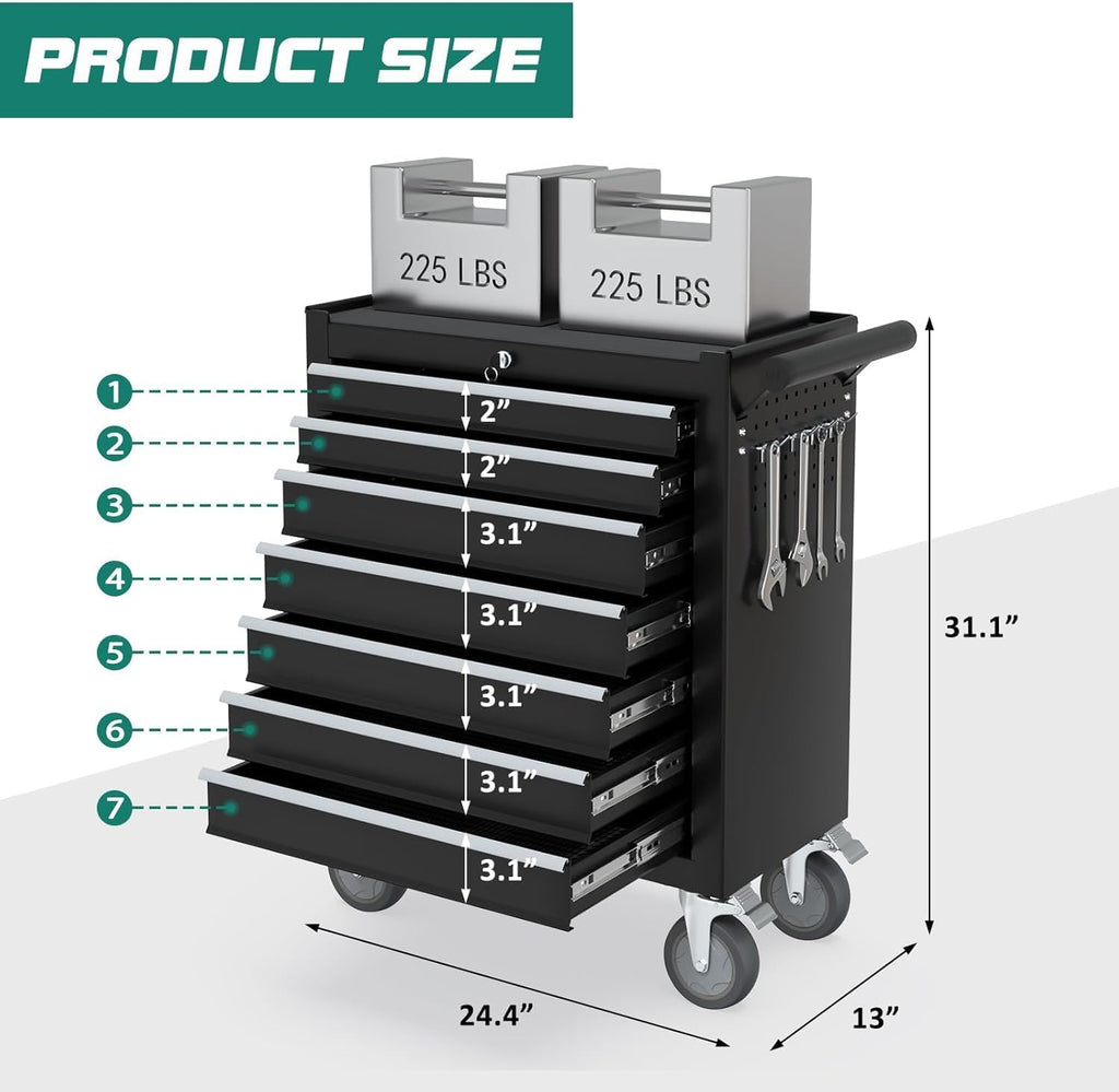 7-Drawer Rolling Tool Chest with Wheels, Tool Box with Locking System and Sliding Drawers, Heavy Duty Organizer for Warehouse, Workshop Garage Black