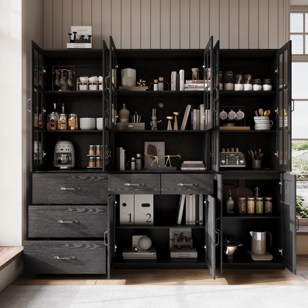 VOWNER Bookcase with Glass Door, 5-Tier Modern Bookshelf with Large Drawer, Glass Display Cabinet with Large Storage Shelf, Combination Storage Cabinet for Home Office (Black, AEA)