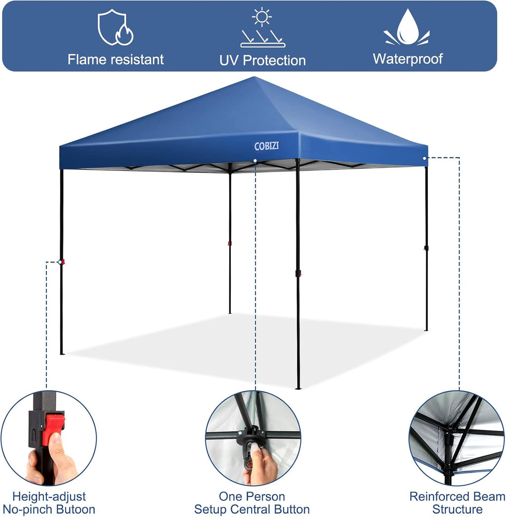 COBIZI Canopy 10 X 10 Pop Up Canopy Tent 1-Button Push Easy up Outdoor Canopy Instant Portable Commercial Shelter Waterproof UPF50+ Gazebo with Reflective Strip, Air Vent & 4 Sandbags,Blue