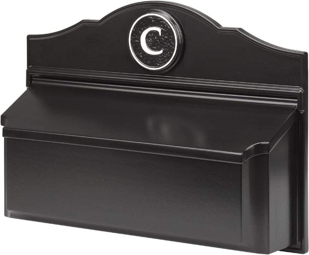 Whitehall Custom Wall Mount Mailbox Package - Mail Box with Monogram, Sand Cast Aluminum, Classic Design Black Personalized in White