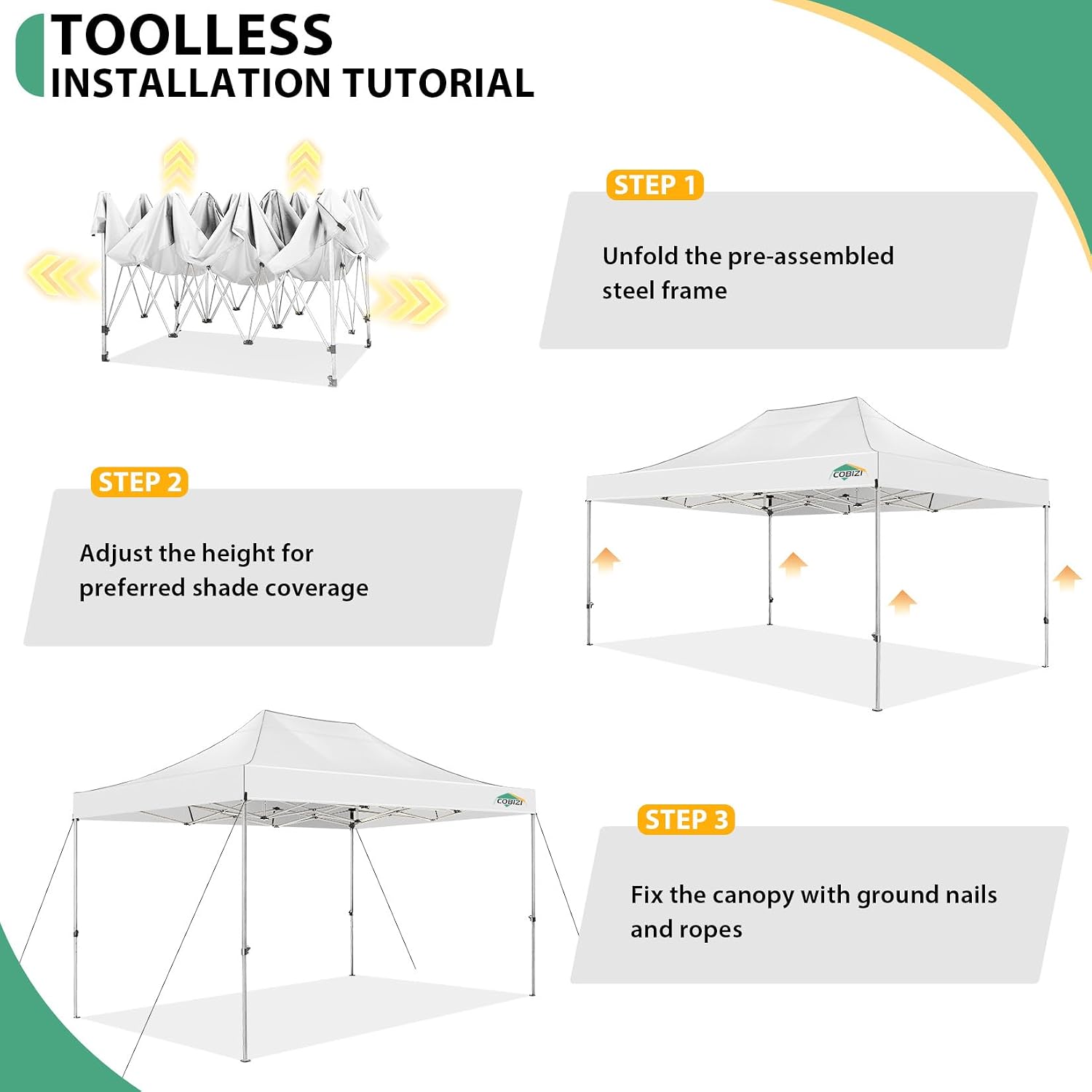 COBIZI 10x15 Pop up Canopy Tent Heavy Duty, Easy Set-up Commercial Outdoor Party Tent, 100% Waterproof Wedding Tents Gazebo, 3 Height Adjustable with Wheeled Bag, White