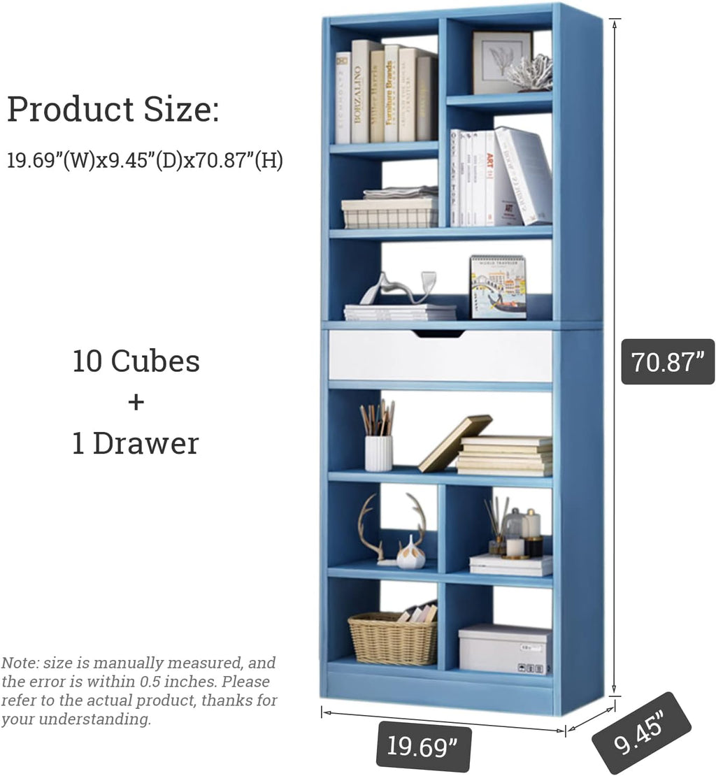 IOTXY Wooden Open Shelf Bookcase - 71 Inches Tall Freestanding Display Storage Cabinet Organizer with 10 Cubes and a Drawer, Floor Standing Bookshelf in Bright Blue