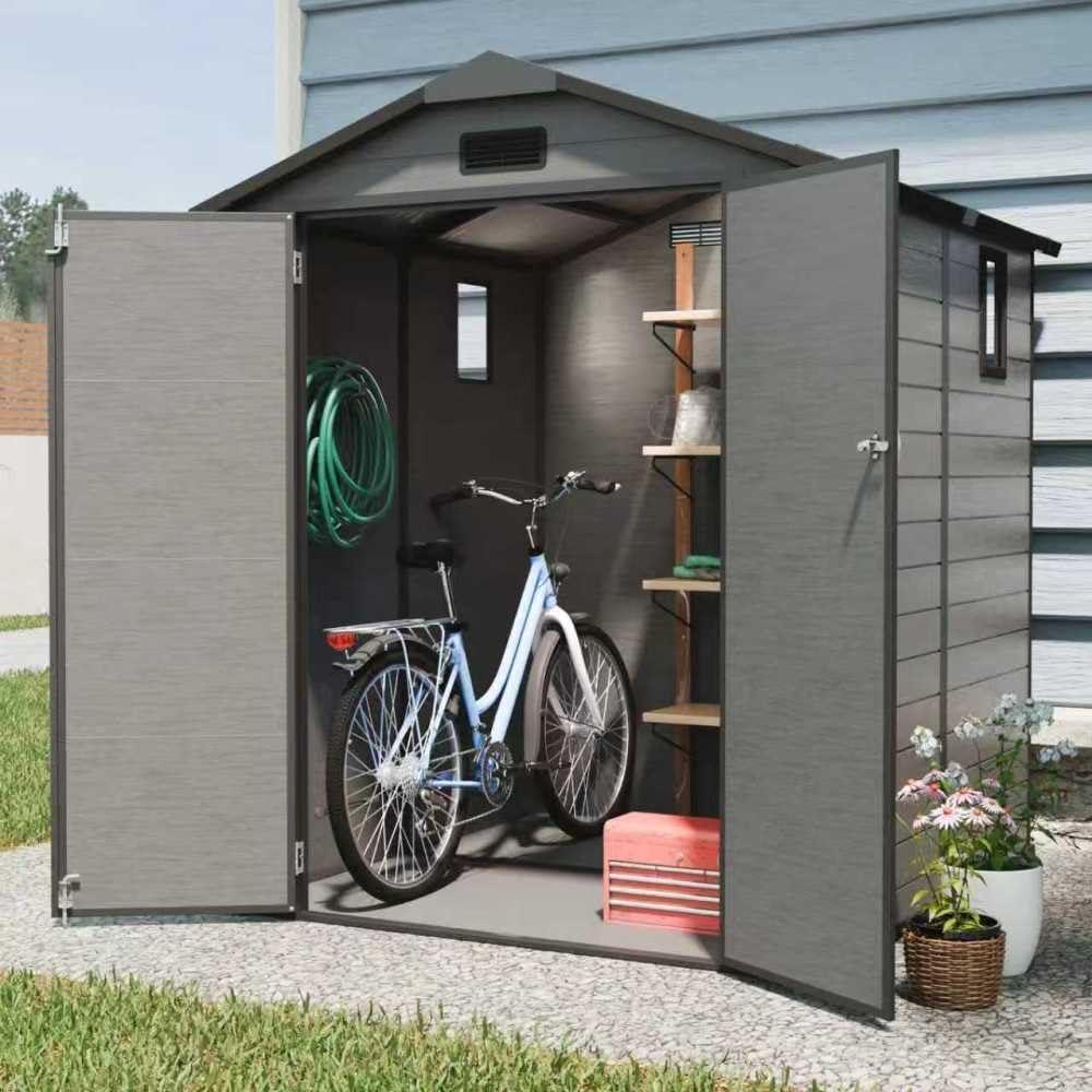 6x6 FT Outdoor Storage Shed with Floor & Window, Lockable Resin Tool Shed, Heavy-Duty Plastic Garden Shed for Backyard, Dark Gray