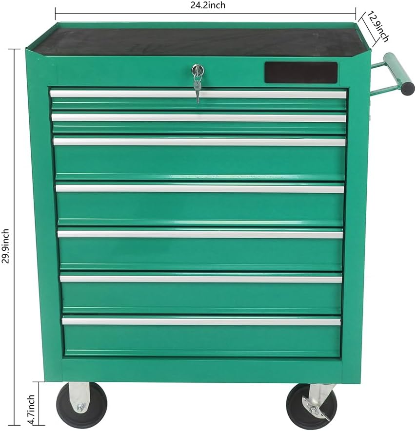 Rolling Tool Chest, 7-Drawer Rolling Tool Box with Interlock System and Wheels for Garage, Warehouse, Workshop, Repair Shop, Green Green
