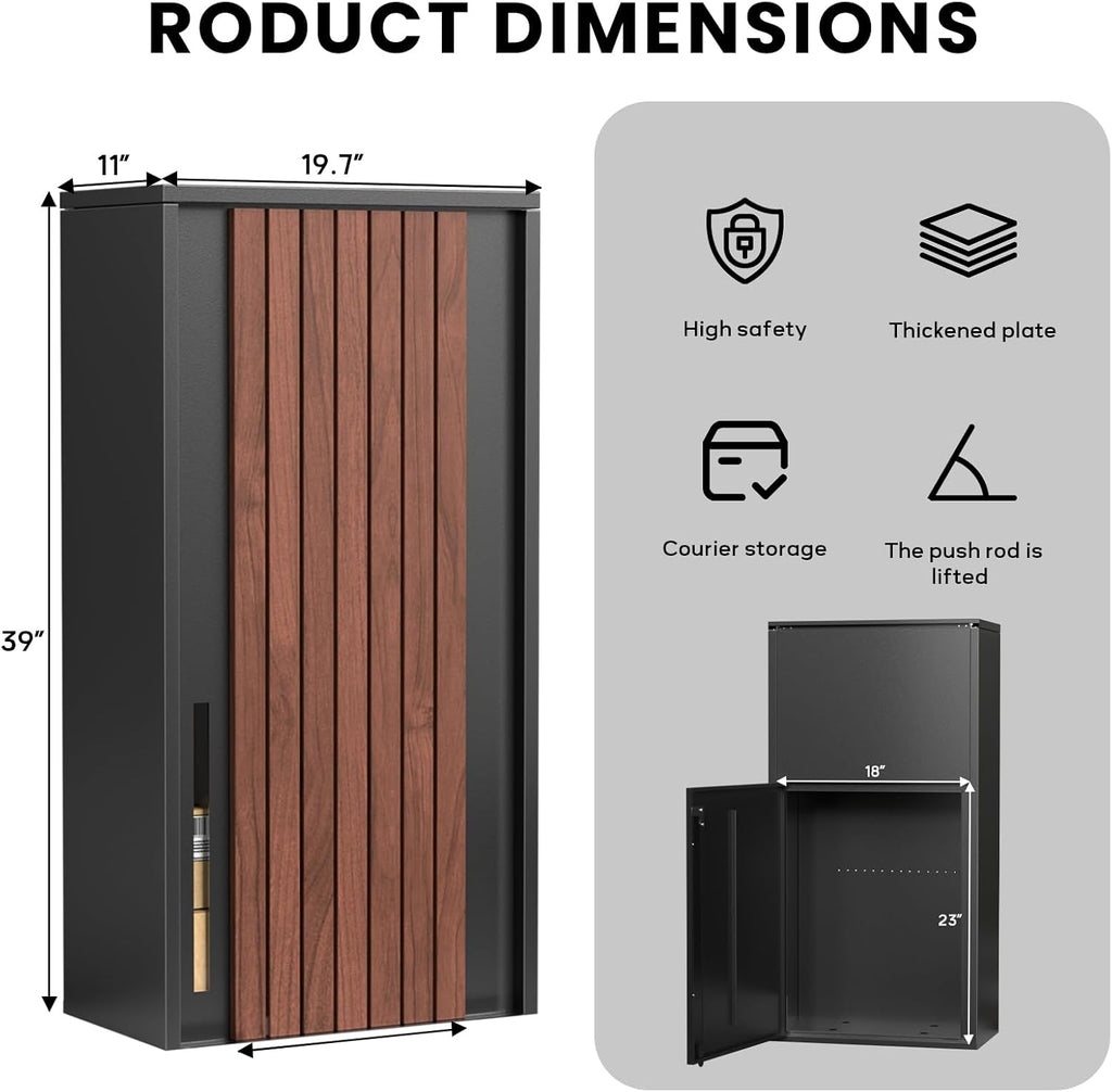 Merapi Package Delivery Box for Outside, 34.6' x 15.7' x 15.7' Cold-Rolled Steel Delivery Box for Packages & Mails, Anti-Theft Lockable Large Mailbox for Porch, House, Curbside, Black-S