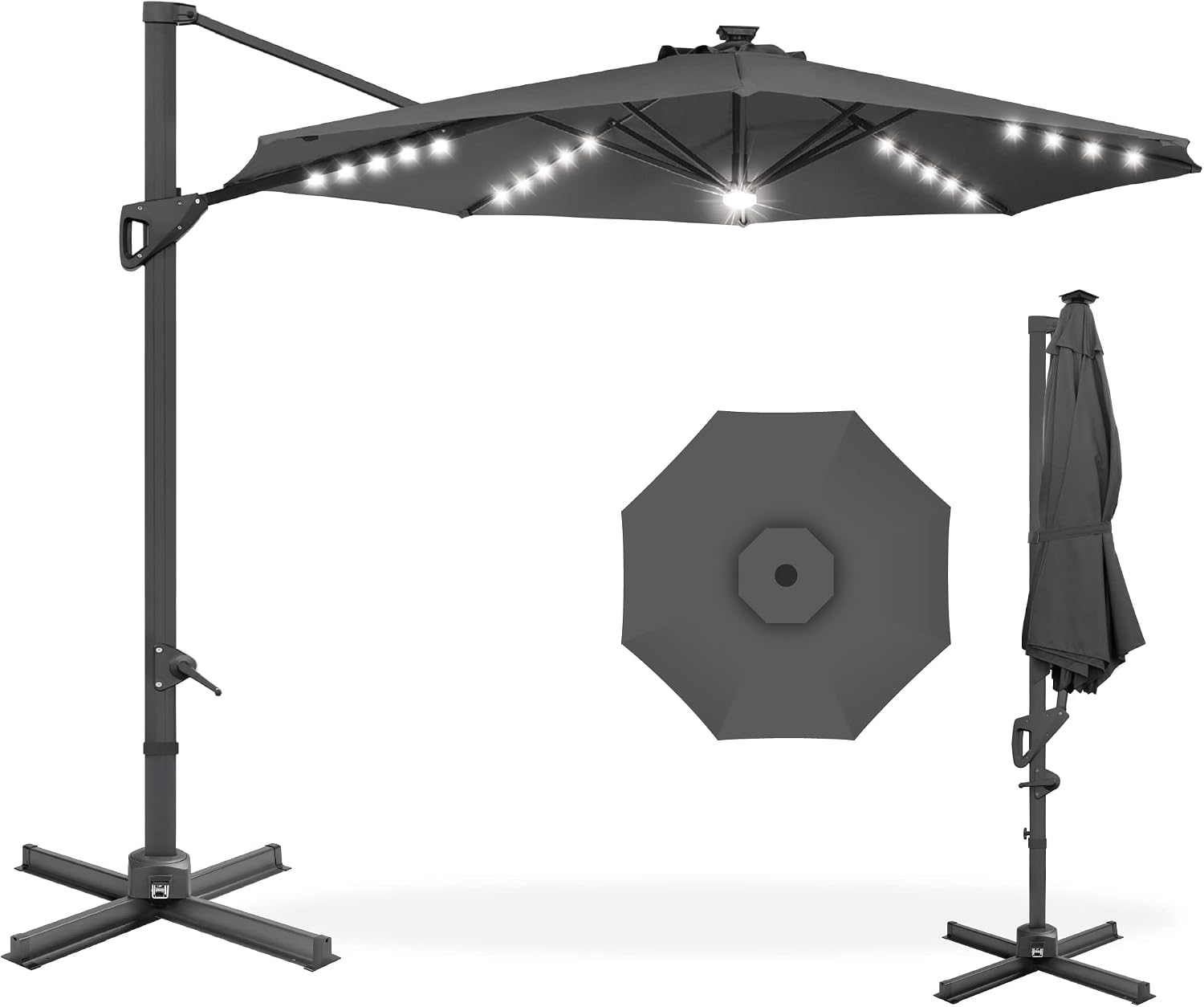 Best Choice Products 10ft Solar LED Cantilever Patio Umbrella, 360-Degree Rotation Hanging Offset Market Outdoor Sun Shade for Backyard, Deck, Poolside w/Lights, Easy Tilt, Cross Base - Gray