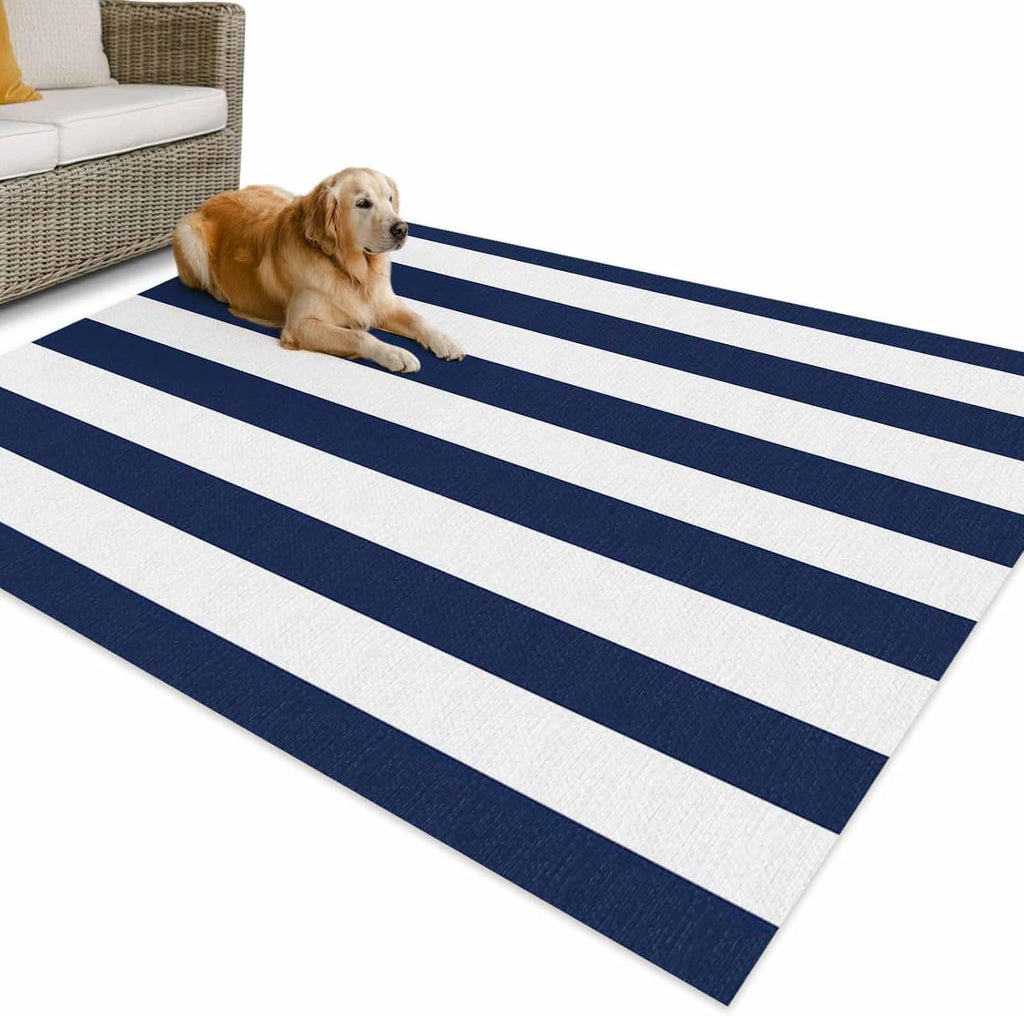 Outdoor Rug 4x6ft Nautical Striped Navy Blue and White Patio Area Rugs Waterproof Easy Cleaning Non Shedding Thick Mats Stripes Carpet for Indoor Outdoor Porch Deck Backyard Balcony