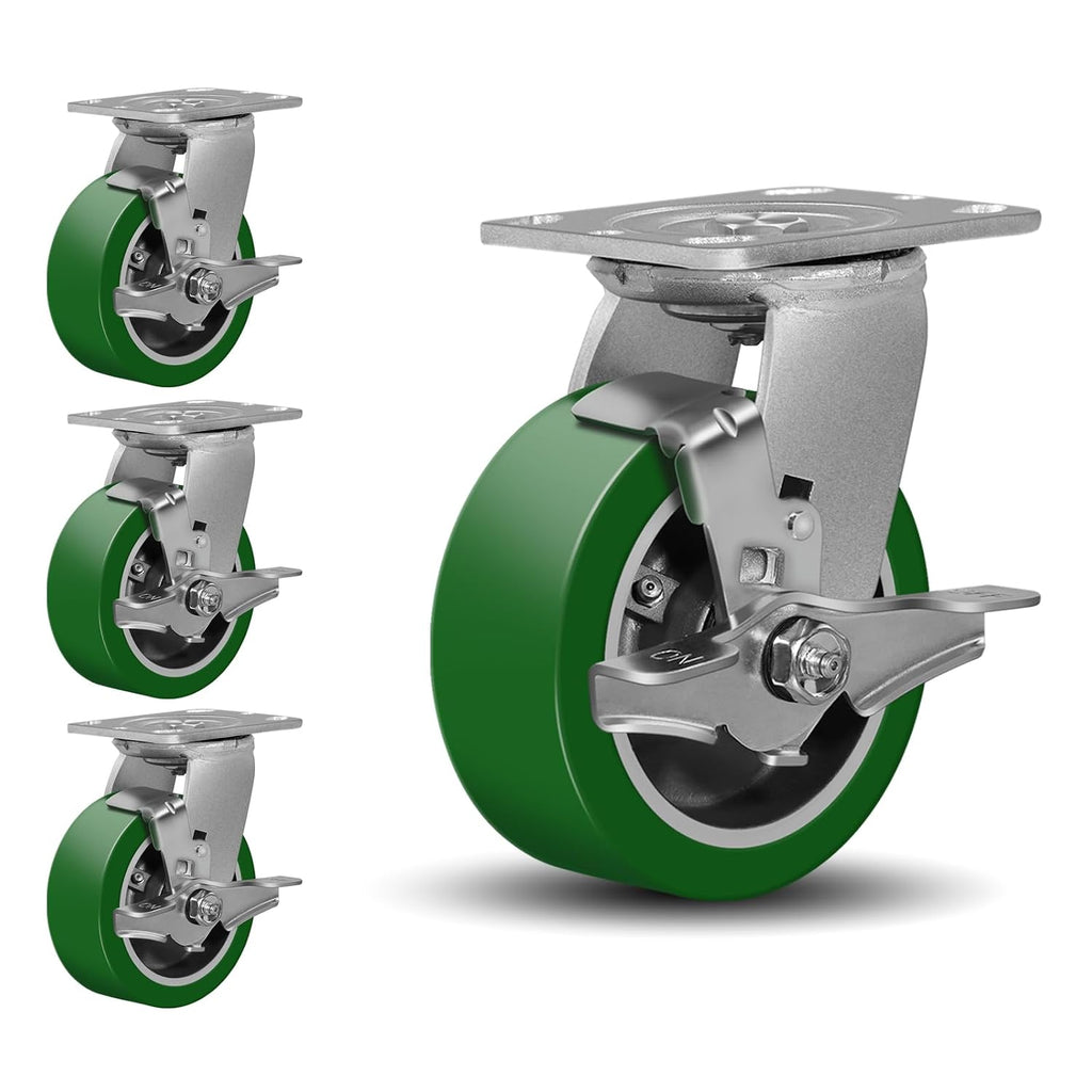 5'X2' Caster Wheels, Heavy Duty Casters Set of 4, Aluminum Core Thickened Polyurethane Industrial Casters for Toolbox Workbench, 4000 Lbs Total Capacity (4 Brake)