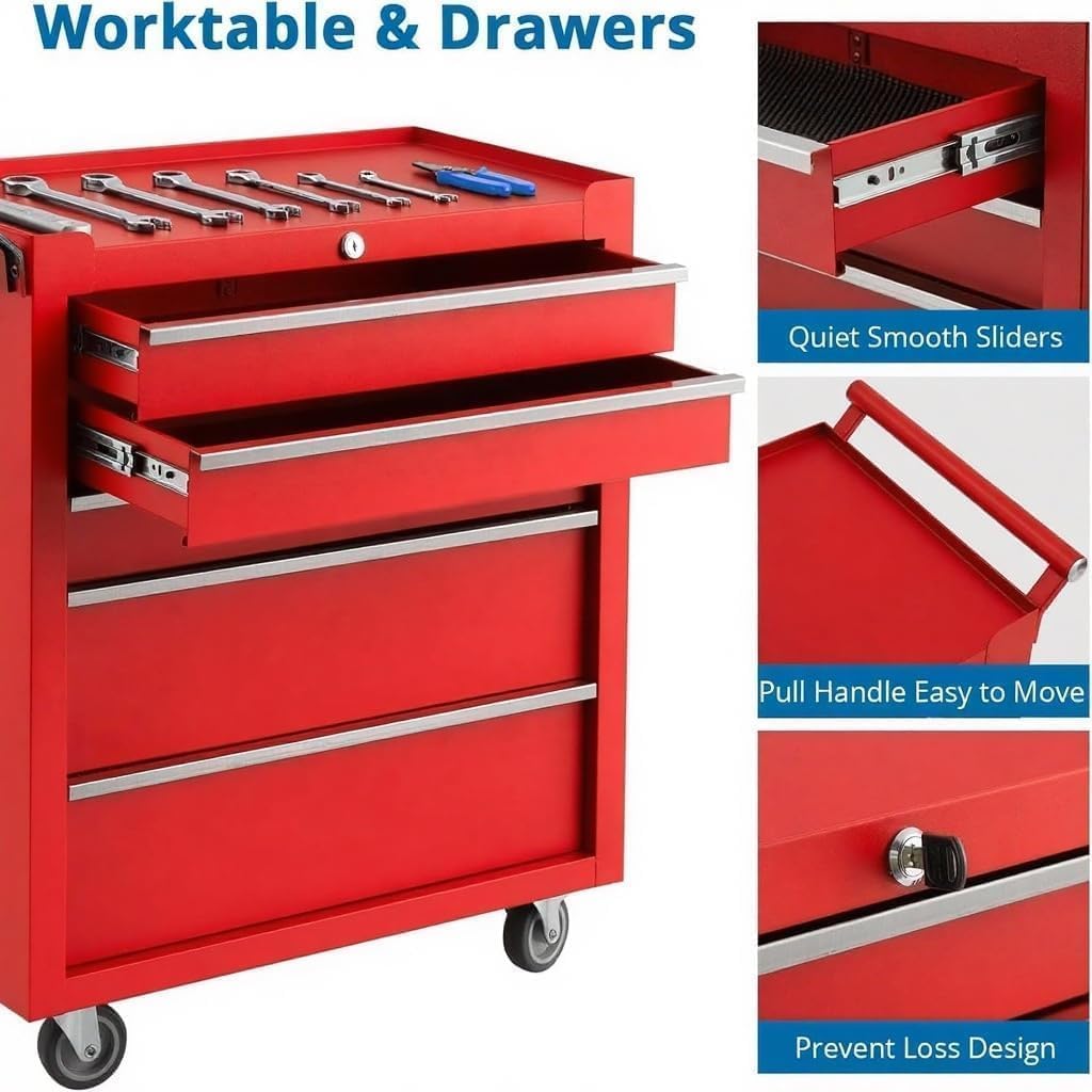 5-Drawer Rolling Tool Chest,Tool Cabinet on Wheels with Keyed Locking System and Drawer Liners,Tool Chest with Link Buckle and Can Be Combined to Large Cabinet Set,for Garage, Warehouse & Repair Shop