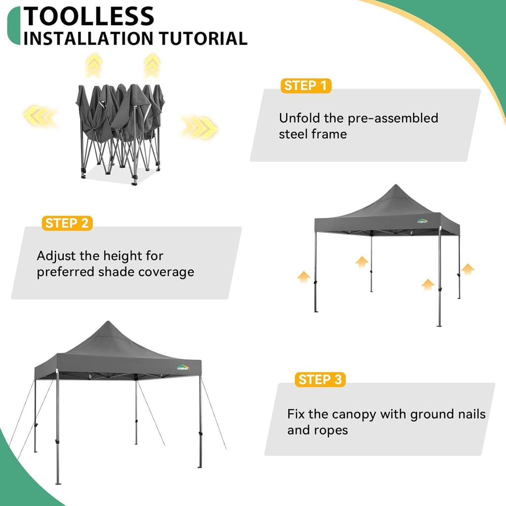 COBIZI 10x10 Pop up Canopy Tent Heavy Duty, Easy Set-up Commercial Outdoor Party Tent, 100% Waterproof Wedding Tents Gazebo, 3 Height Adjustable with Wheeled Bag, Gray