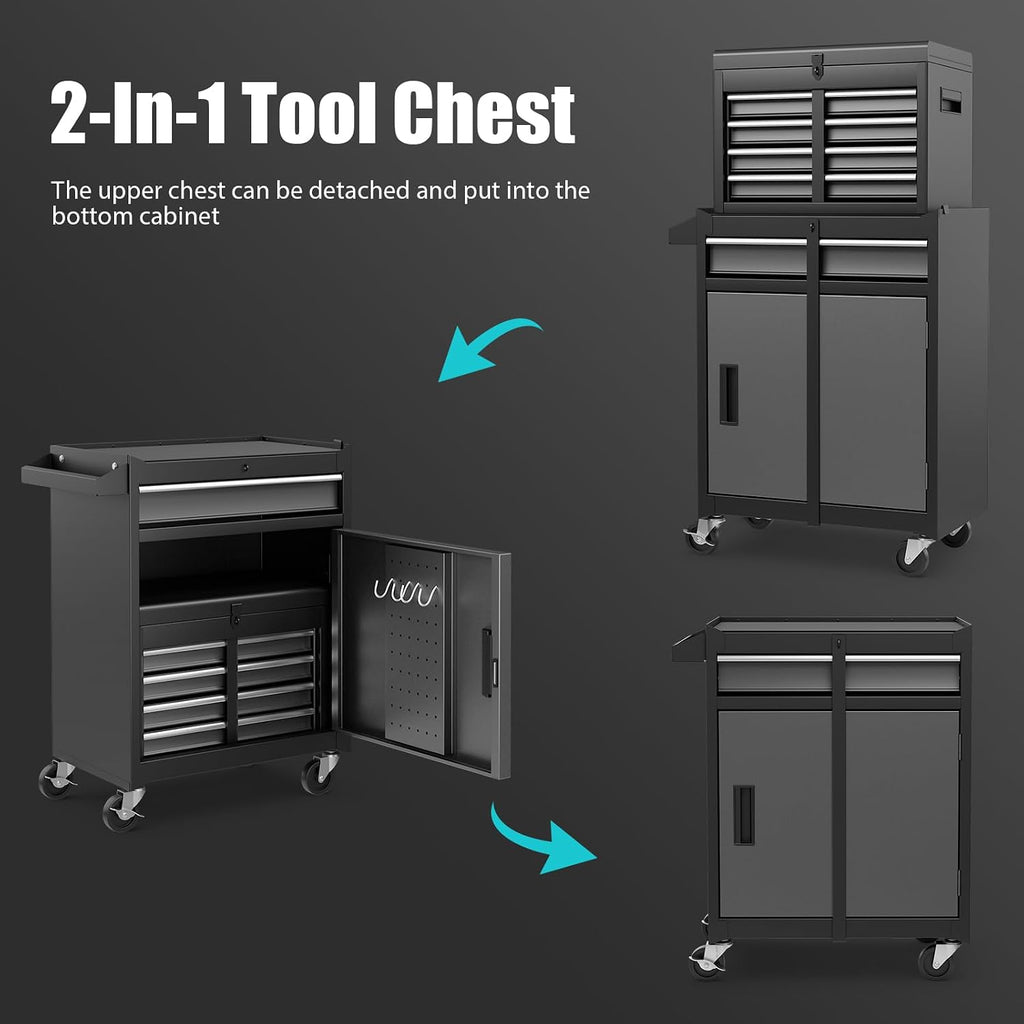 Rolling Tool Chest, 5-Drawer Tool Storage Cabinet with Wheels, Adjustable Shelf & Anti-Slip Liner, Tool Box Organizer for Garage, Warehouse & Workshop (Gray+Black)