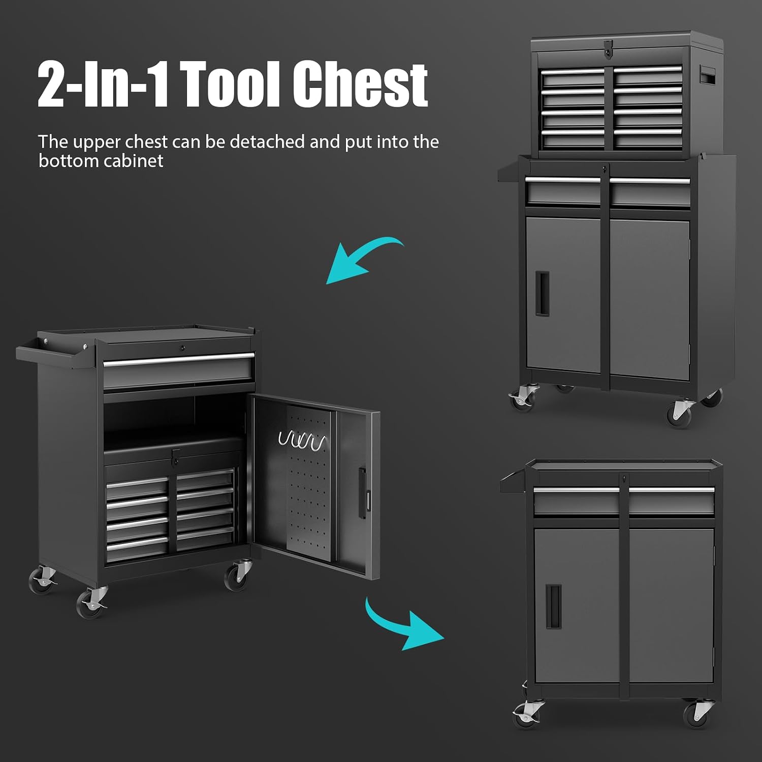 Rolling Tool Chest, 5-Drawer Tool Storage Cabinet with Wheels, Adjustable Shelf & Anti-Slip Liner, Tool Box Organizer for Garage, Warehouse & Workshop (Gray+Black)