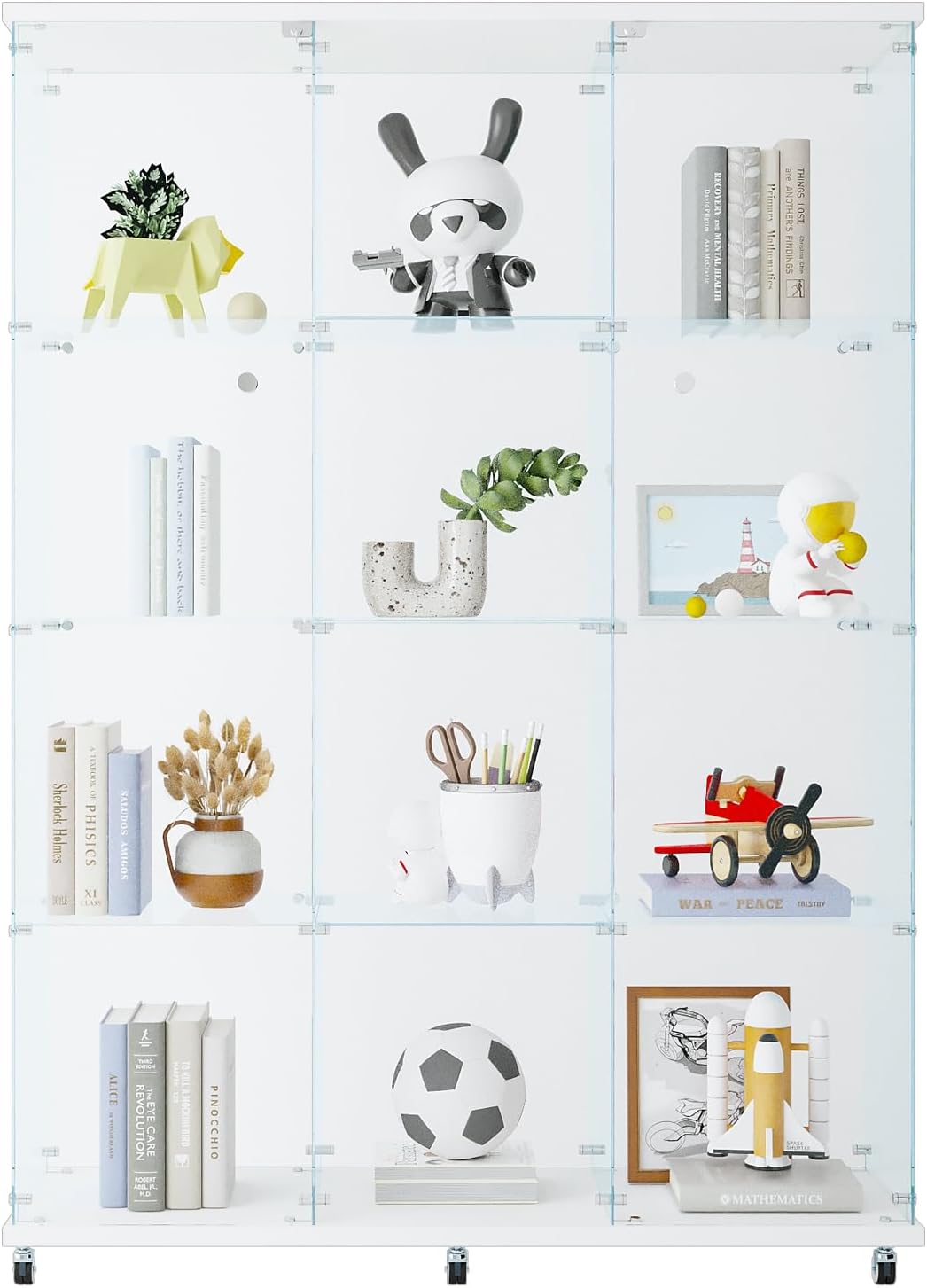4 Shelves Glass Display Cabinet Extra Large, Curio Collection Glass Display Case for Home Office, Floor Standing Bookshelf Corner Cabinet for Book Toys Glory (White)