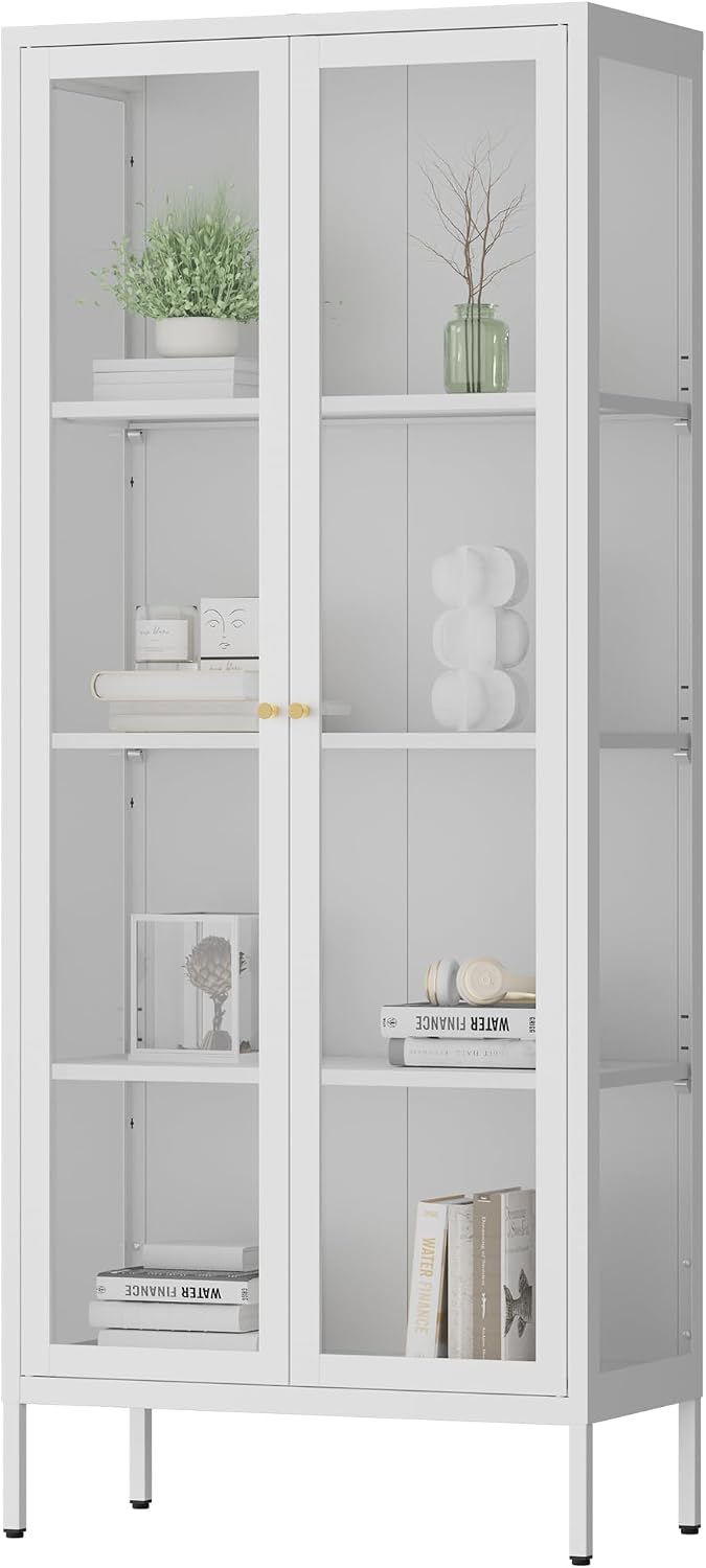 Polup Glass Display Cabinet with Glass Doors, White Curio Cabinet with 3 Side Tempered Glass, 66' Tall Bookcase Display Case for Collectibles, Metal Storage Cabinet for Living Room, Assemble Required