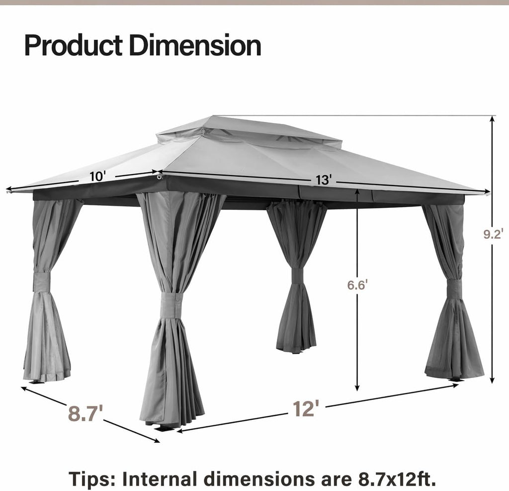 LAUSAINT HOME Patio Gazebo 10'x13', Outdoor Heavy Duty Party Tent Shelter with Double Roofs, Mosquito Nettings and Privacy Screens for Backyard, Garden, Lawn, Gray