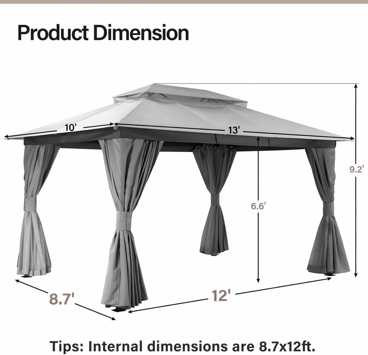 LAUSAINT HOME Patio Gazebo 10'x13', Outdoor Heavy Duty Party Tent Shelter with Double Roofs, Mosquito Nettings and Privacy Screens for Backyard, Garden, Lawn, Gray