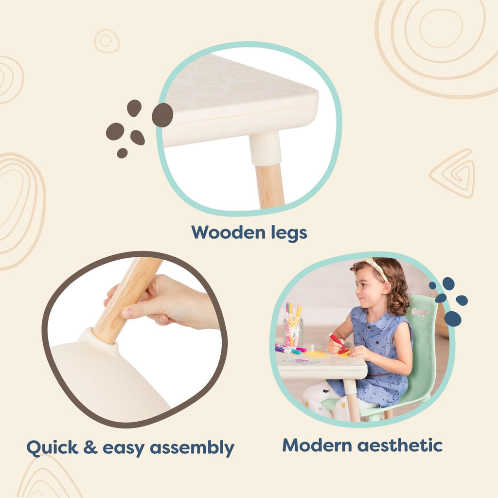 B. toys – Table and Chair Set – Furniture for Toddlers – 1 Craft Table & 2 Chairs – Natural Wooden Legs – Mint – 3+ Years