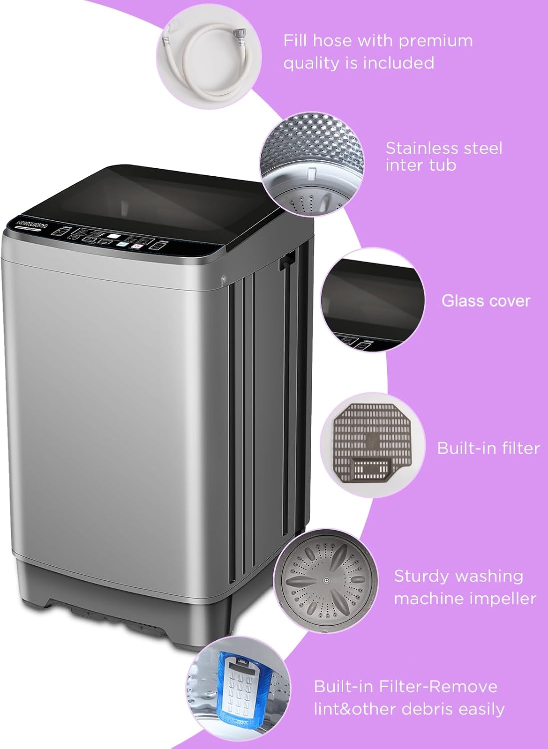 F.W.WOOLWORTHS 25 Lbs Full Automatic Washing Machine with Drain Pump, 10 Wash Programs 8 Water Levels, 9 KG Washer with LED Display for Dorm, Apartment, Home, Grey