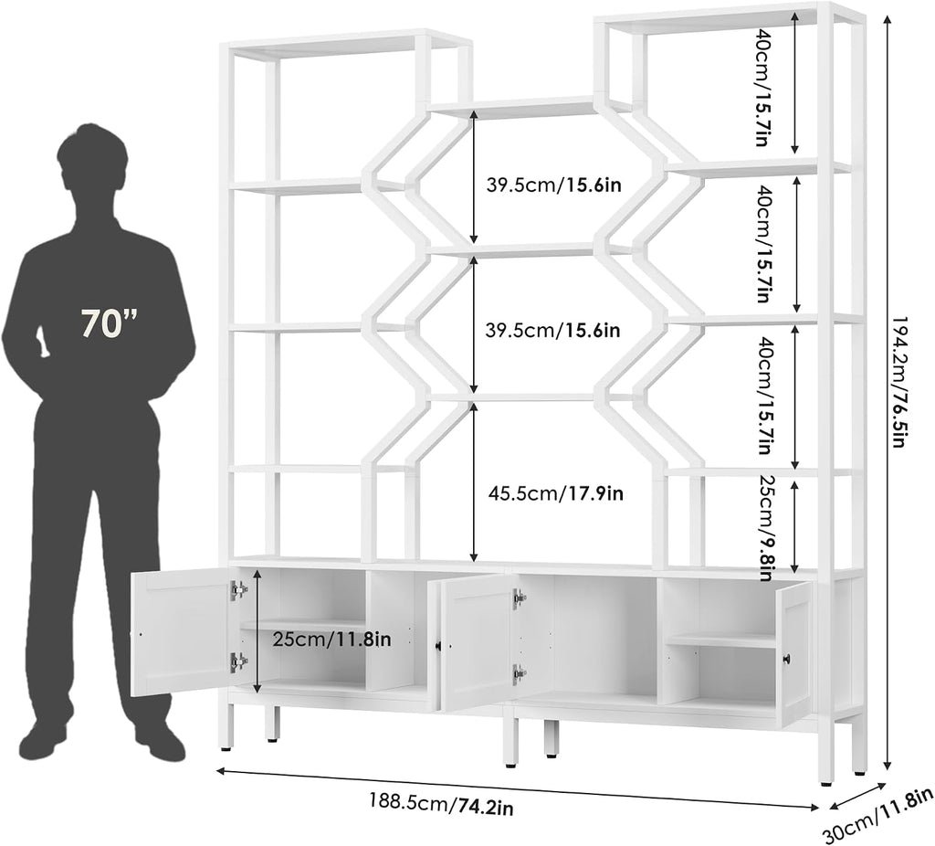 Keyluv Tall 5-Tier Bookshelf with 4 Large Storage Cabinet, 74.2' W x 76.5' H Etagere Bookcase 14 Open Display Standing Shelves with Metal Frame for Living Room, Dining Room, White