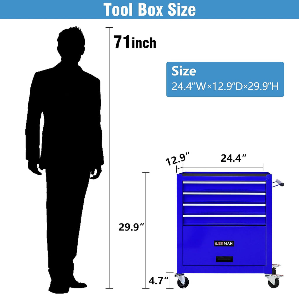 4 Drawers Tool Cart on Wheels, 4 Drawer Rolling Tool Chest, Trolley Organizer Tool Box Tool Case with 1 Cabinet, Multifunctional Tools Case for Garage,Warehouse,Workshop,Repair Shop (Blue)