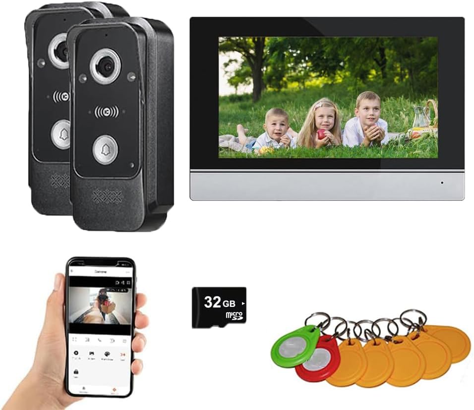 Wired Video Intercom System Tuya WiFi 7 Inch Touch Screen 1080P Doorbell Intelligent Tuya APP Intercom Kit with 3 in 1 Unlock Motion Detection,Anti-Tamper Alarm,32G (2 Bell+1 Monitor)