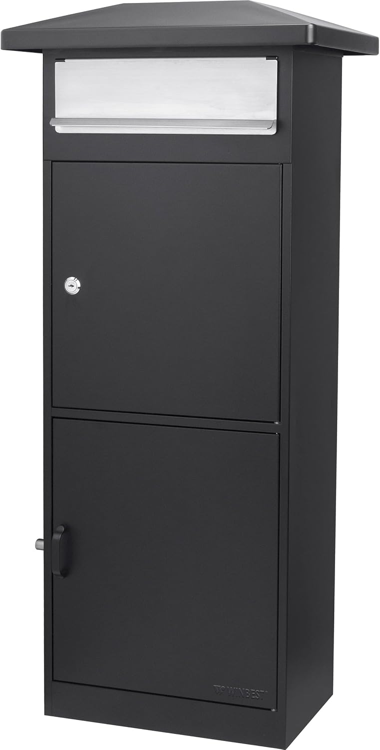 Winbest Steel Freestanding Floor Lockable Drop Slot Mail Box with Parcel Compartment, Black