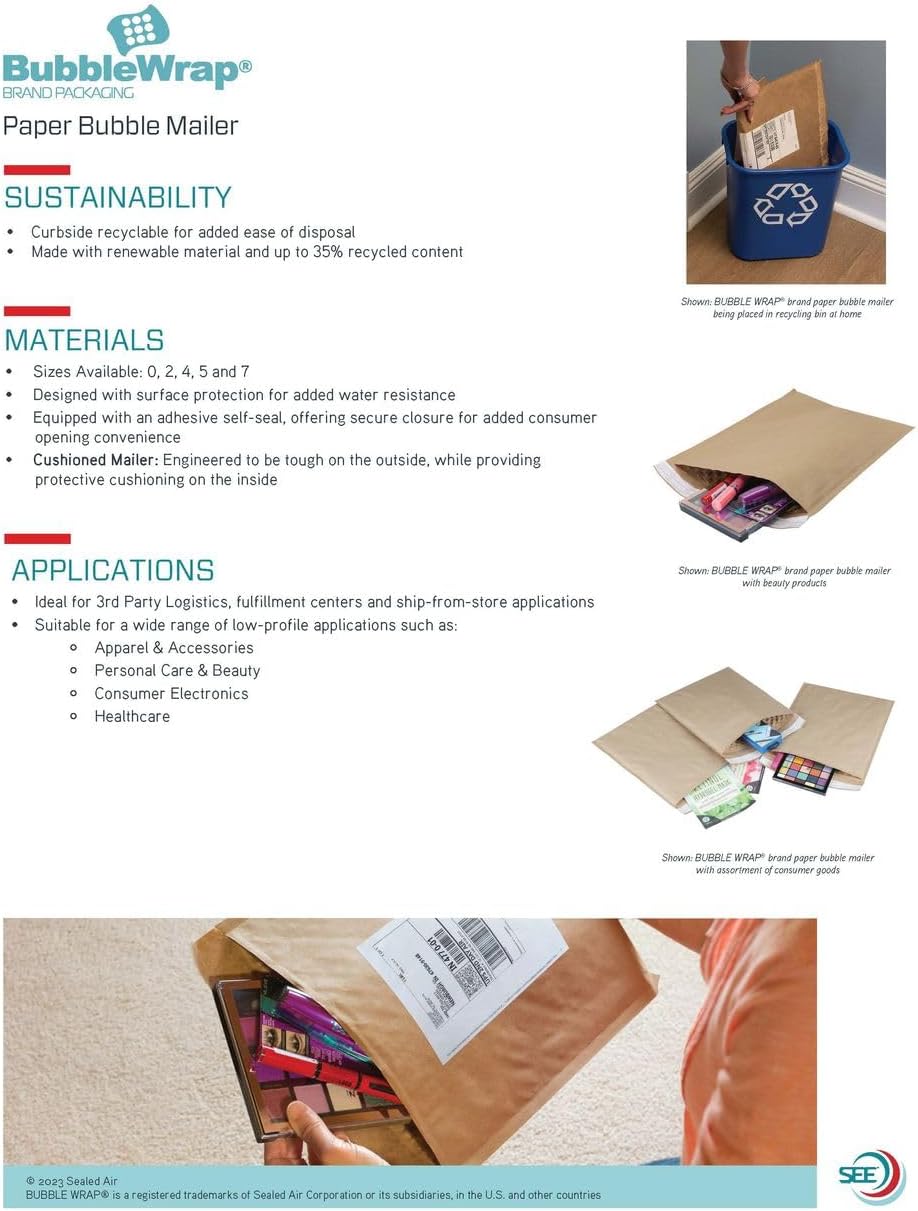 Bubble Wrap Paper Bubble Mailers, 0-6'x10', 400 Cushioned Envelopes Per Case, Up to 35% Recycled Content, Self-Sealing, Curbside Recyclable, Brown