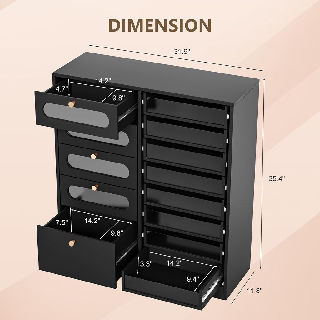 OmySalon Nail Salon Organizer Cabinet, 32' L Floor Storage with 8 Clear & 4 Visual Drawers, Wooden Display for Polish & Powder, Beauty Salon Furniture (Black, 32'' Length)