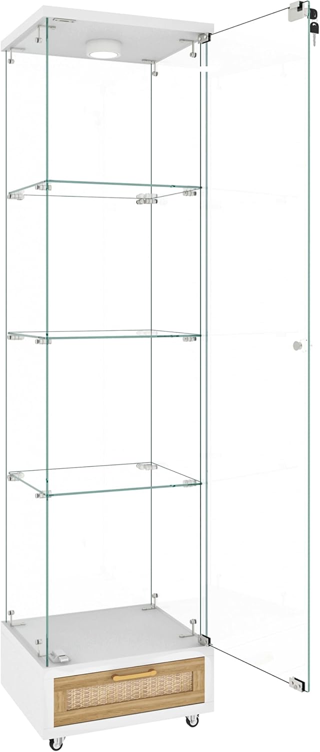 Modern Glass Display Cabinet with LED Light 4-Shelf Curio Cabinets with Rattan Drawer and Wheels,Tempered Glass Display Shelf Bookcase for Living Room Home Office