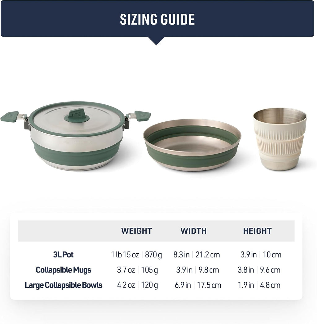 Sea to Summit Detour Stainless Steel One Pot Cook Set for Two (3 Liter Pot, 2 Large Bowls, 2 Mugs)