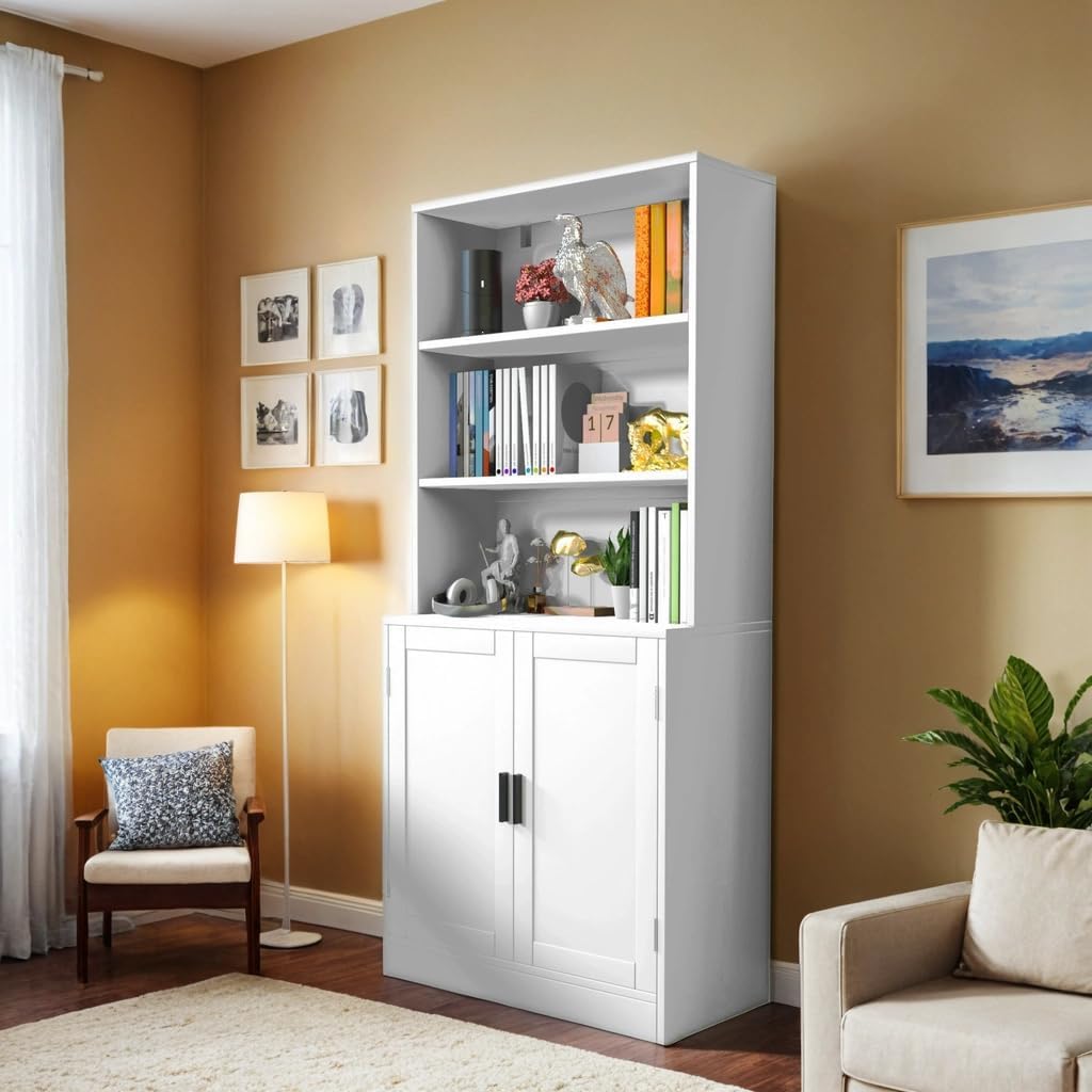 holzart 75' Tall Bookcase with Doors, 5 Tier Large Bookshelf with Cabinet, Standing Wood Display Book Shelf for Living Room, Office, Library with Doors, White