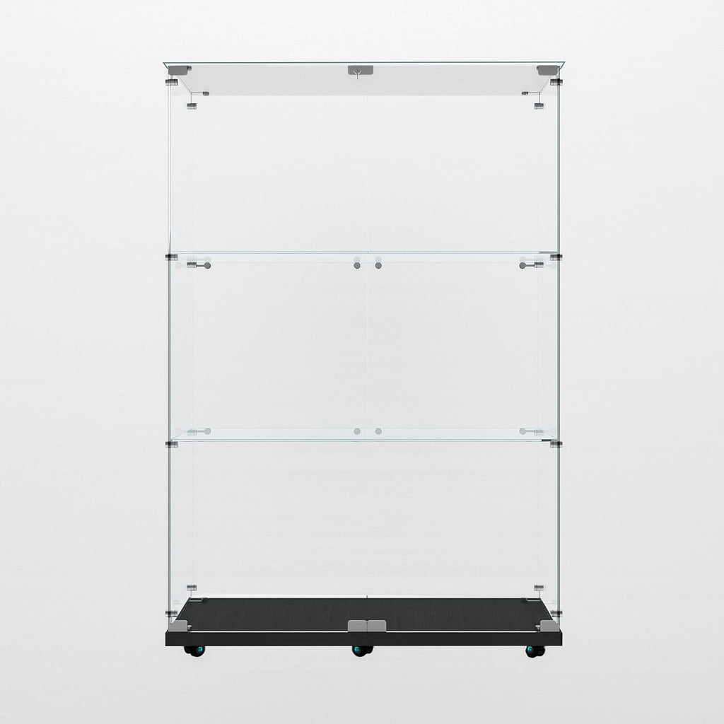Modern Glass Display Cabinet 3-Shelf with LED Light,Wheels and Lock, 2 Door Curio Cabinets,Tempered Glass Collection Display Showcase for Living Room Home Office,30.9x13.5x49.8 H,Black