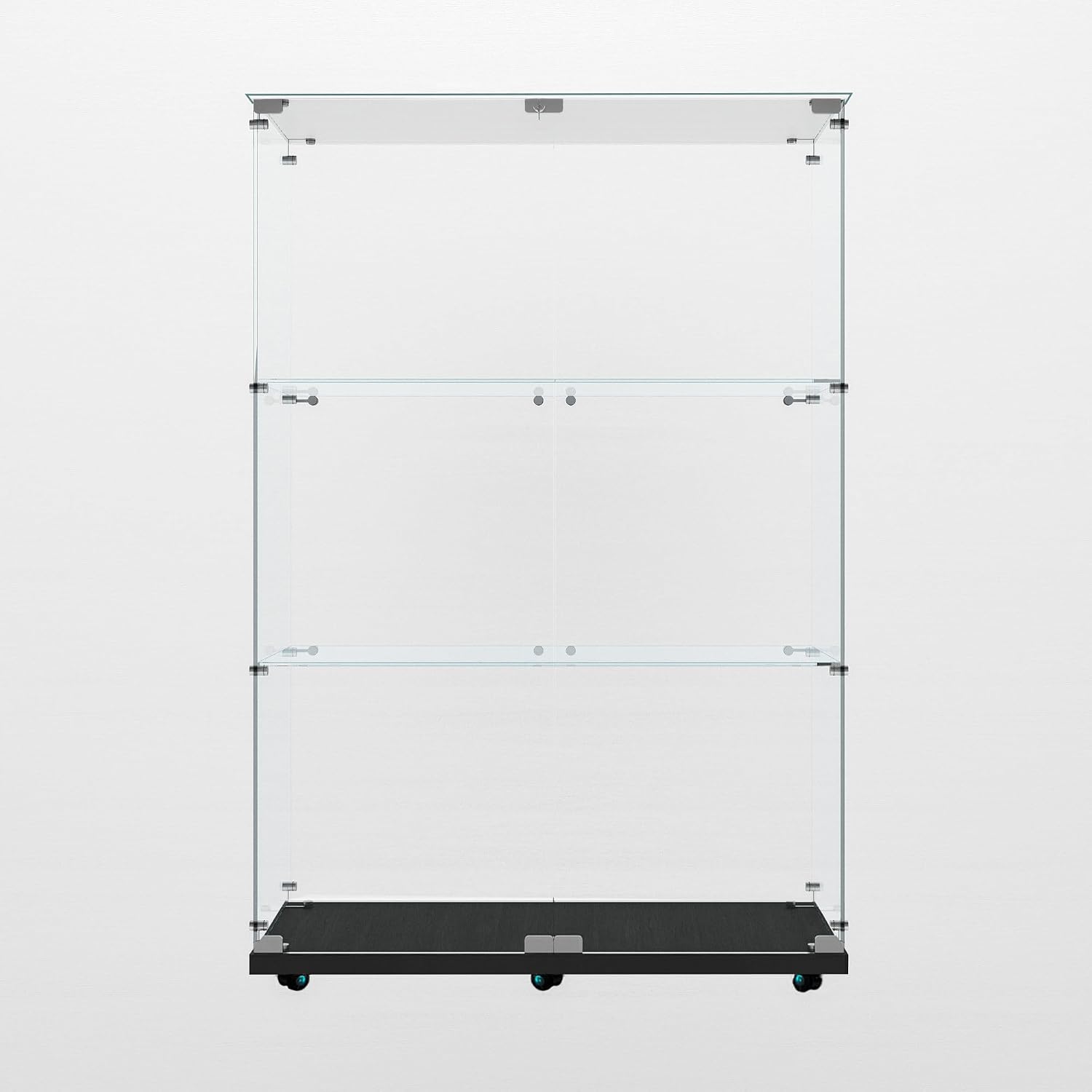 Modern Glass Display Cabinet 3-Shelf with LED Light,Wheels and Lock, 2 Door Curio Cabinets,Tempered Glass Collection Display Showcase for Living Room Home Office,30.9x13.5x49.8 H,Black