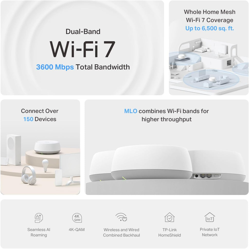 TP-Link Deco 7 BE23 Dual-Band BE3600 WiFi 7 Mesh Wi-Fi System | 4-Stream 3.6 Gbps, 160 Mhz | Covers up to 6,500 Sq.Ft | 2× 2.5G Ports Wired Backhaul | VPN,MLO,AI-Roaming, HomeShield, 3-Pack