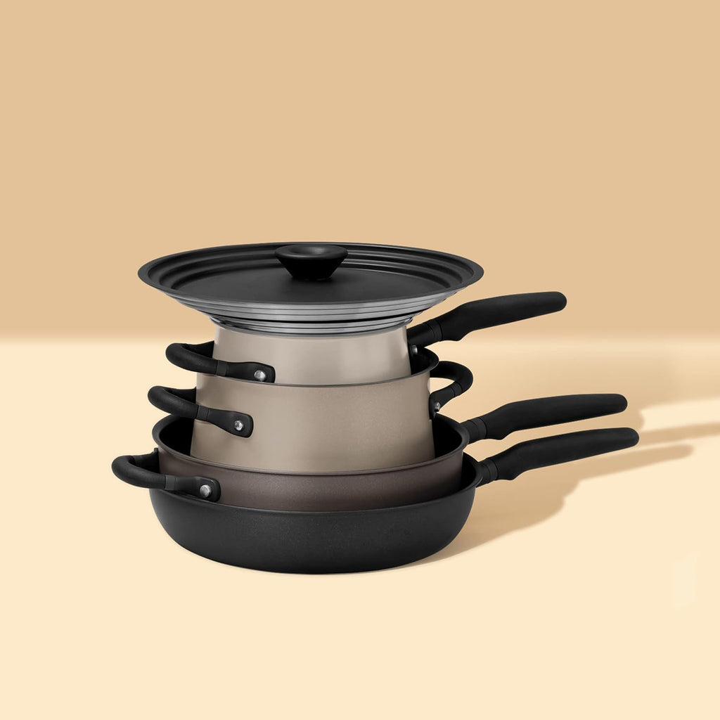 Meyer 6pc Stackable Set with Universal Lids | Hard Anodized Non Stick and Stainless Steel Pots and Pans | Induction Compatible | Dishwasher Safe | Oven Safe | Black & Gray | Accent Series Cookware