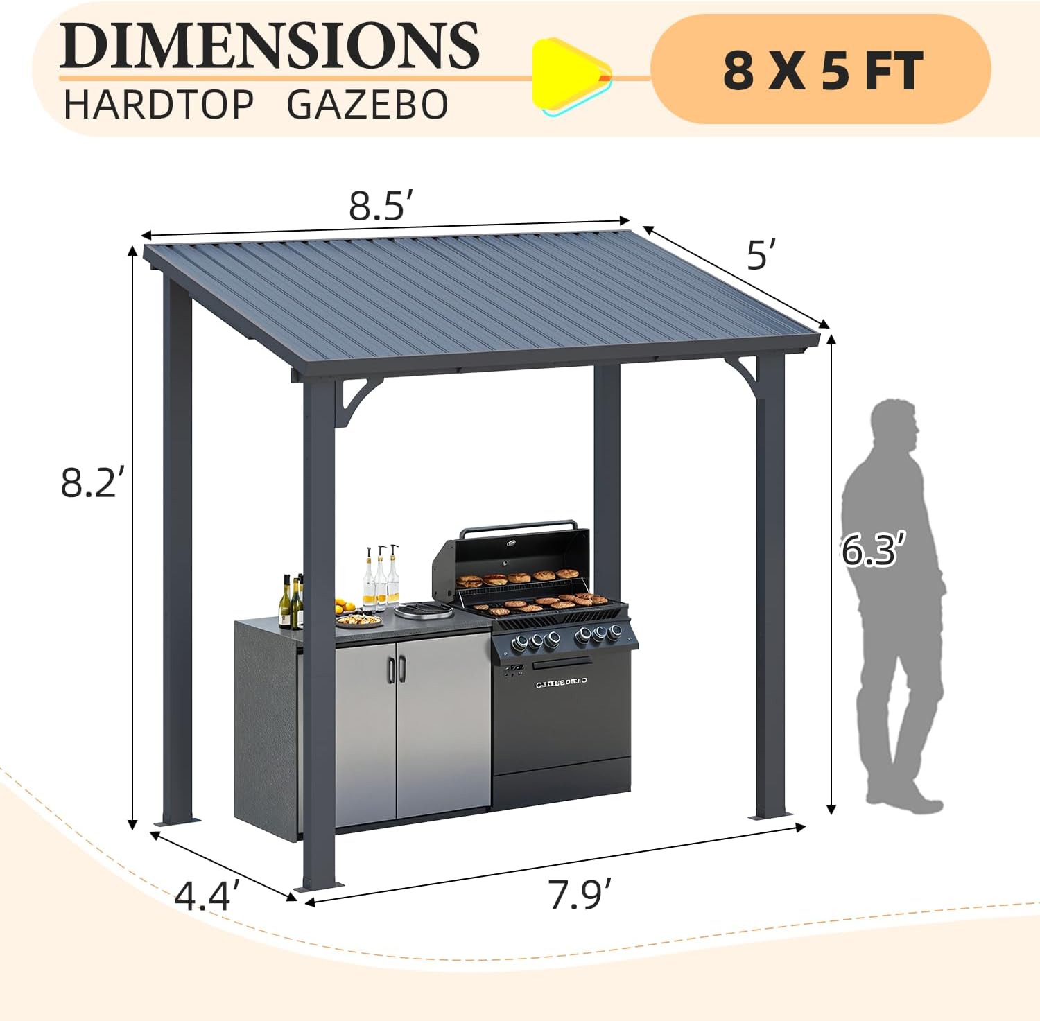 AECOJOY 8' x 5' Hardtop Grill Gazebo Outdoor Pergola, Small Heavy Duty Lean to Metal Pergolas and Gazebos Clearance, Wall-Mounted Grill Gazebo Galvanized Steel Patio Roof Awnings for Patio, Decks