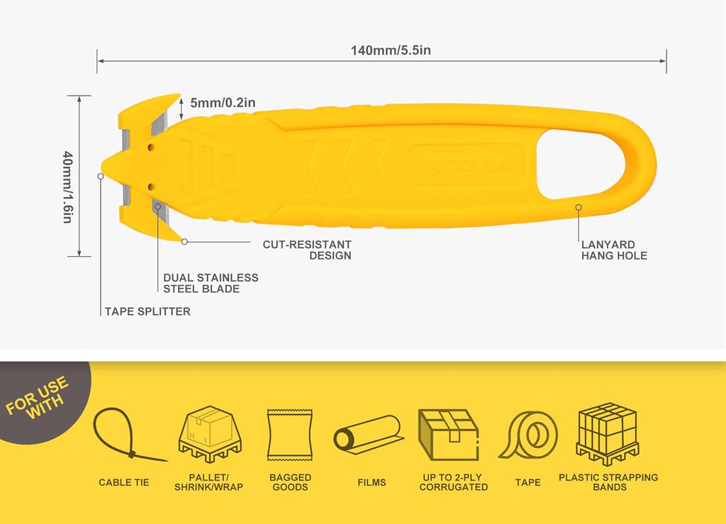 200-Pack Safety Box Cutter, T TOVIA SK2 Stainless Steel Concealed Blade Package Opener with Tape Splitter for Cartons, Cardboard, Wrap, Straps, Film (Yellow)