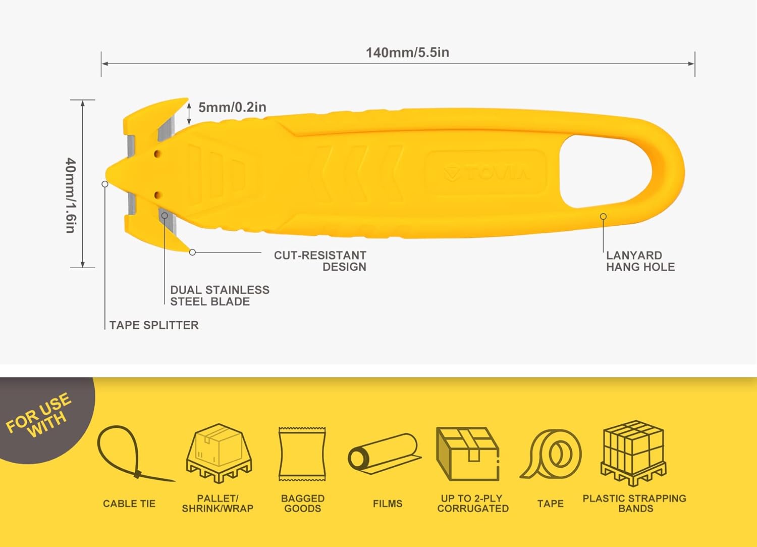 200-Pack Safety Box Cutter, T TOVIA SK2 Stainless Steel Concealed Blade Package Opener with Tape Splitter for Cartons, Cardboard, Wrap, Straps, Film (Yellow)