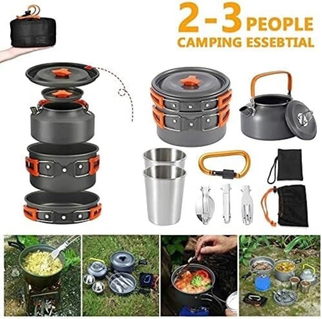 Camping Campfire Utensils, Camping Cookware Kit Outdoor Aluminum Cooking Set for 2 to 3 People Non Stick Folding Pans Backpacking Gear