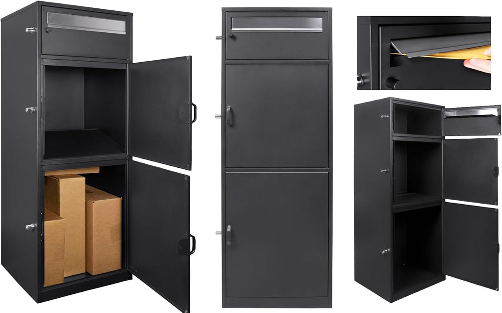 Barska Large Package Delivery Parcel Mail Steel Drop Box for Porch with Advanced Push Lock & Patented Shelf for Large Parcel - Delivery Boxes for Outside - Package Delivery Box - Parcel Drop Mailbox