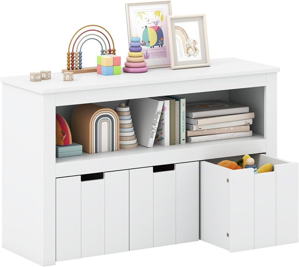 HONEY JOY Kids Toy Storage Organizer, Children Daycare Shelf, 3 Wooden Toy Box w/Wheels, Toddler Classroom Display Cabinet for Playroom, Nursery, Kindergarten (White)