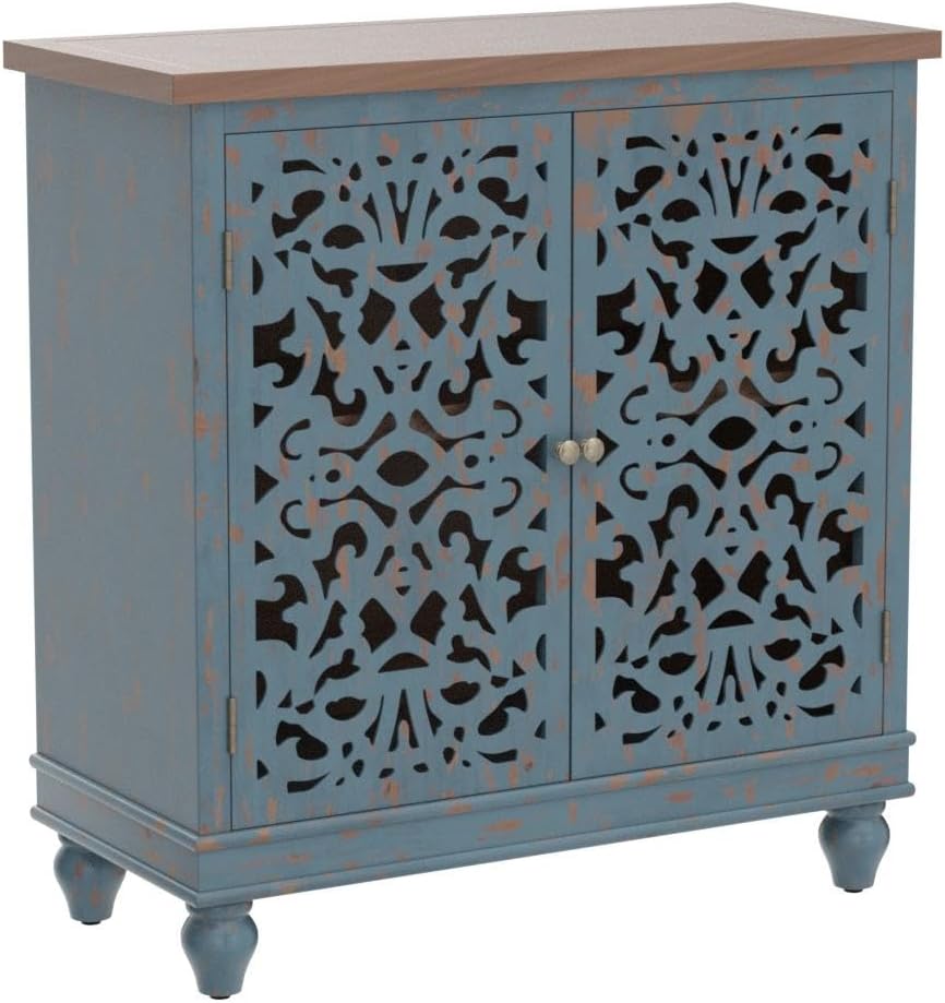 Sophia & William Accent Cabinet with 2 Doors, Distressed Storage Cabinet with Wood Frame and Hollow-Carved Door for Entryway Living Room, Blue