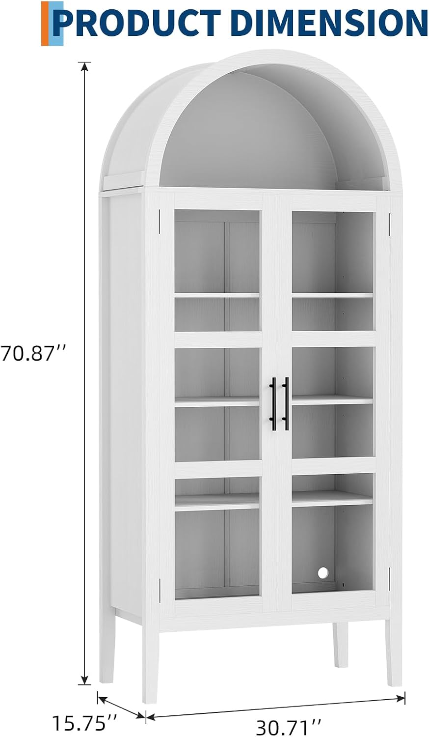 70 in Tall Arched Kitchen Pantry Cabinet with LED Lights, Modern Wood Arched Bookshelf with Glass Doors & Adjustable Shelves, Elegant Display Cabinet for Kitchen, Dining Room, Living Room